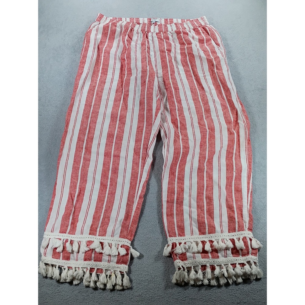 Anthropologie Women Pants Red White Stripe L Tassel Trim Boho